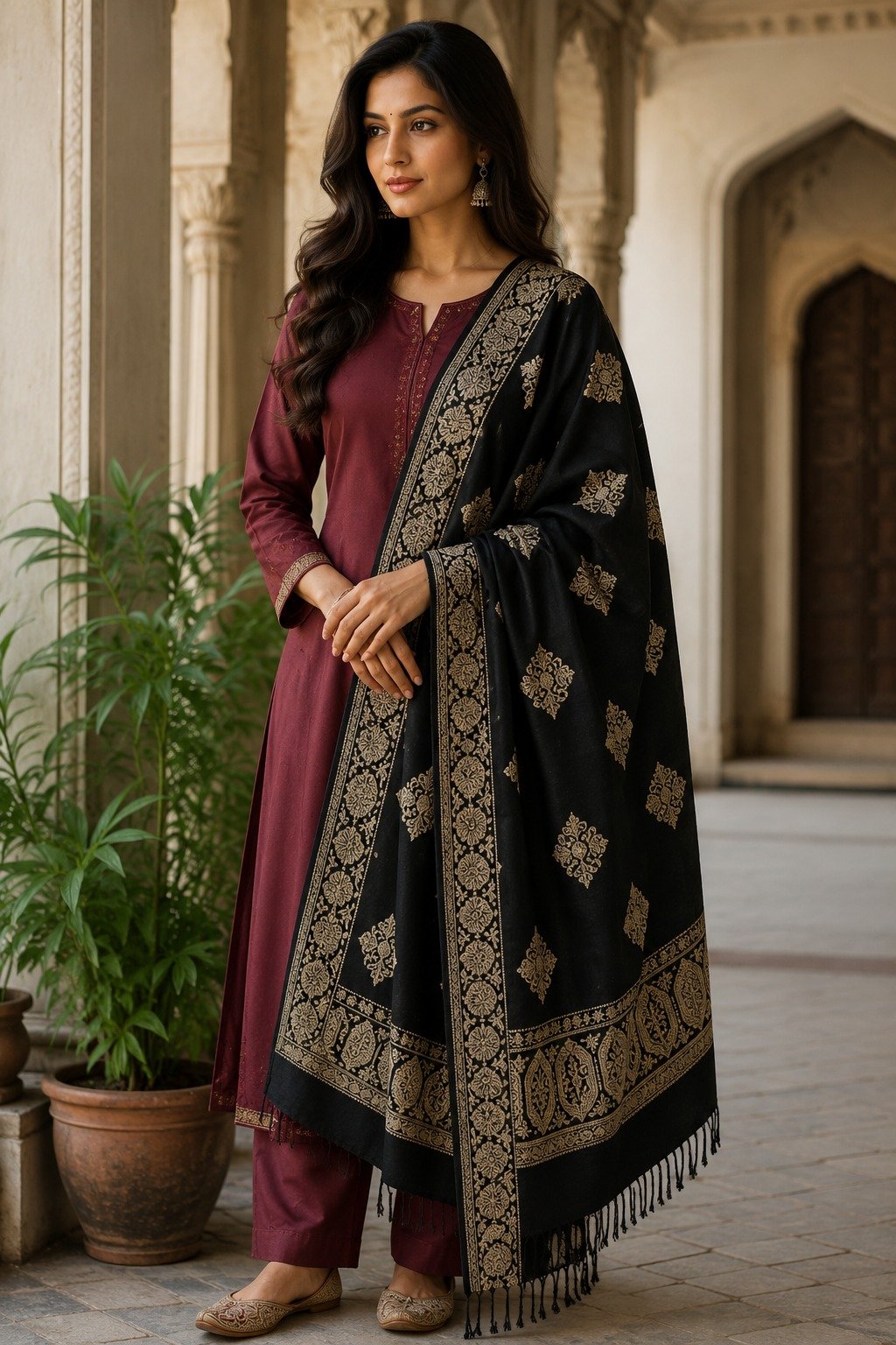 Viscose Shawl, Viscose Shawl Black Gold Butti design